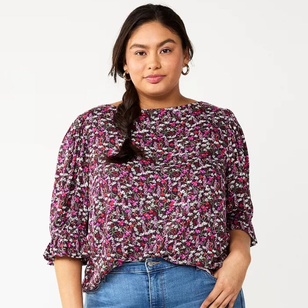 DRAPER JAMES RSVP Cinched Elbow Sleeve Top, Plum Multi Floral, Size 1X